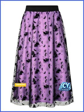 Witch Halloween Tulle Midi Skirt, Flocked Print Costume Skirt